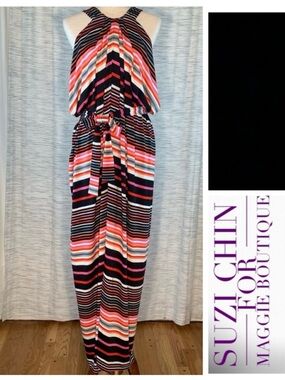Suzi Chin Maggy Boutique Striped Halter Maxi Dress.